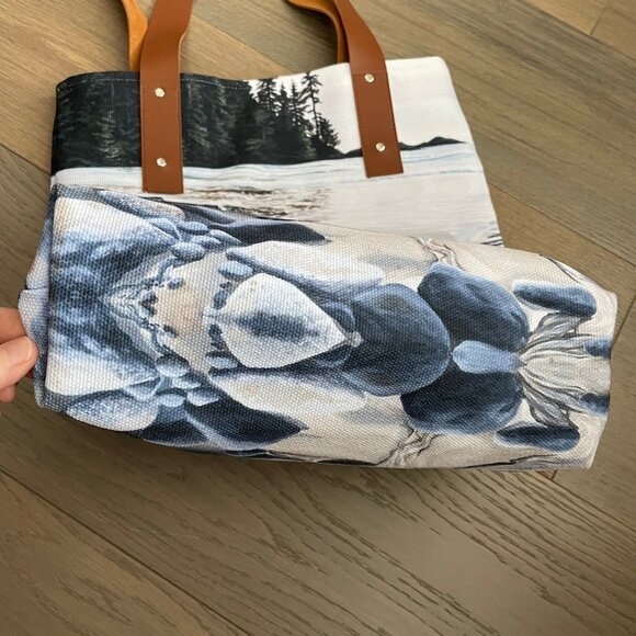 Ocean Shore Landscape Lined Textile Tote Bag w Magnetic Closure Blue Sz OS NWOT - Picture 6 of 11